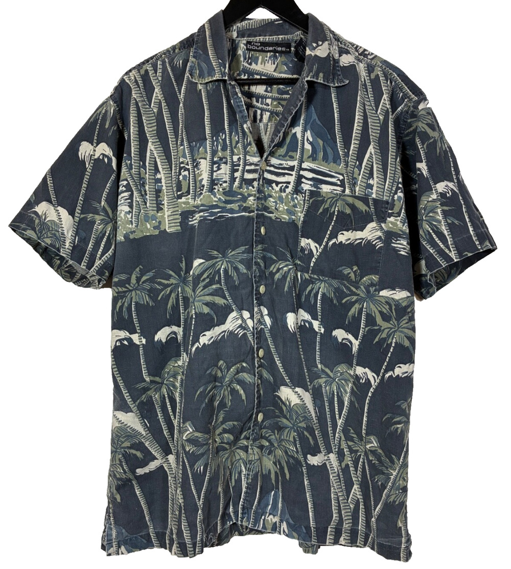 VTG Y2K No Boundaries Mens Blue Palm Leaf Pattern Button Up Hawaiian Shirt SZ M